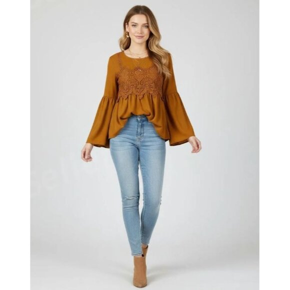 Jolt Tops - Jolt Rust Orange Crochet Lace Detail Bell Sleeve Peasant Style Blouse Sz Medium